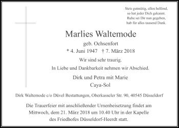 Traueranzeige von Marlies Waltemode von Rheinische Post