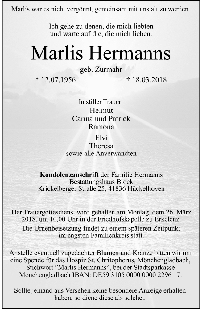  Traueranzeige für Marlis Hermanns vom 21.03.2018 aus Rheinische Post