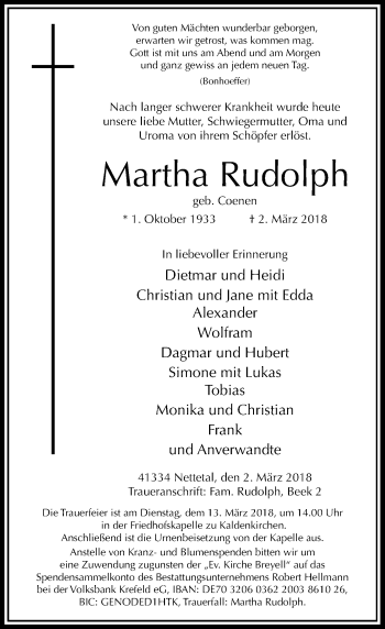 Traueranzeige von Martha Rudolph von Rheinische Post