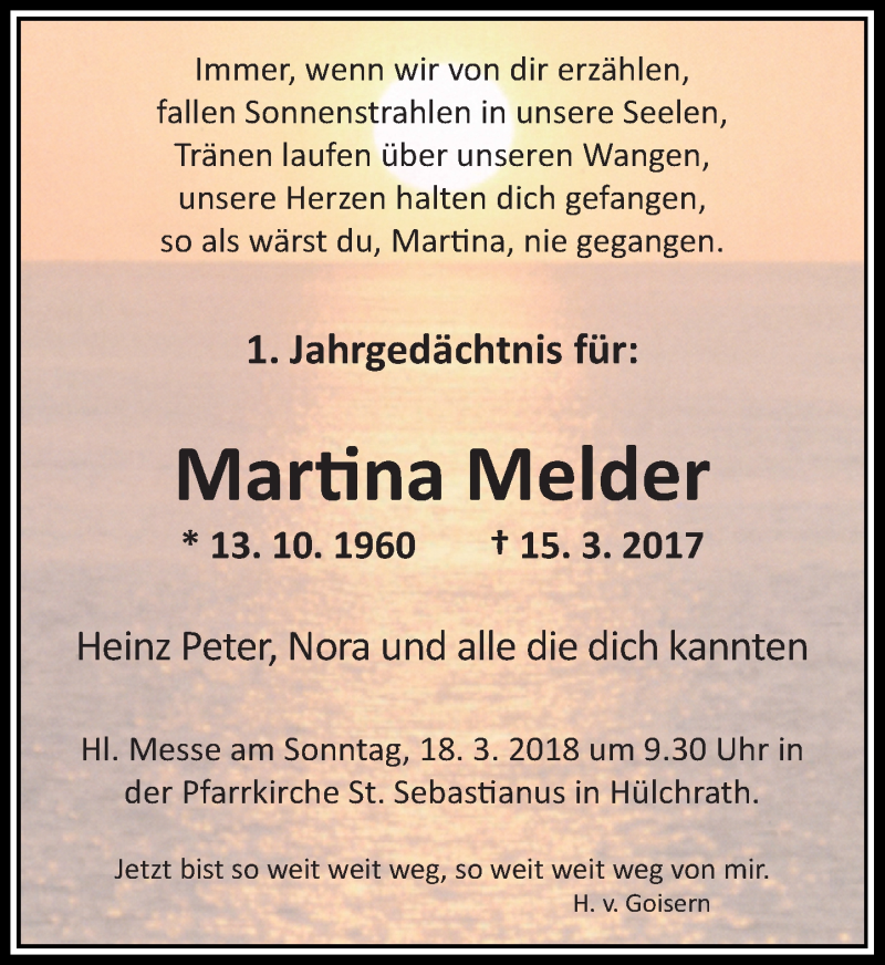  Traueranzeige für Martina Melder vom 14.03.2018 aus Rheinische Post