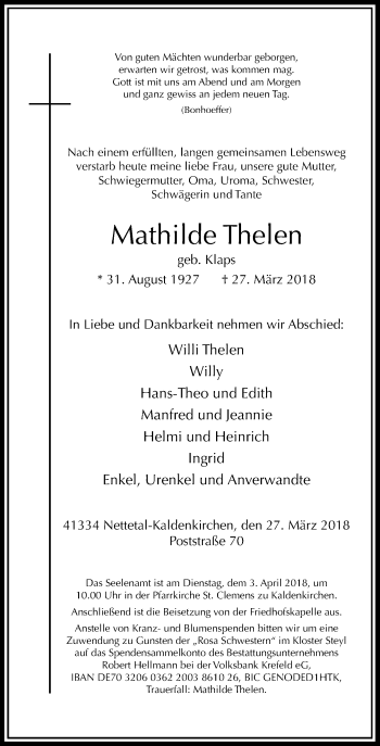 Traueranzeige von Mathilde Thelen von Rheinische Post