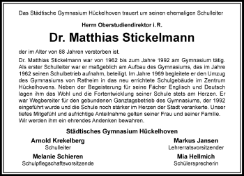 Traueranzeige von Matthias Stickelmann von Rheinische Post