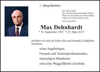 Traueranzeige von Max Dehnhardt von Rheinische Post