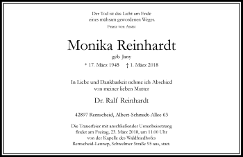 Traueranzeige von Monika Reinhardt von Rheinische Post