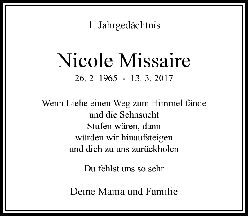  Traueranzeige für Nicole Missaire vom 13.03.2018 aus Rheinische Post