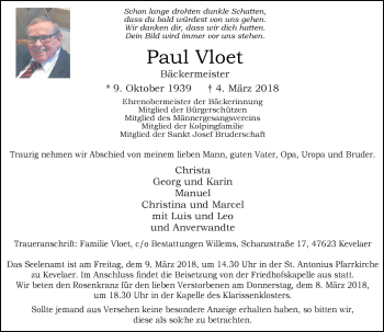 Traueranzeige von Paul Vloet von Rheinische Post