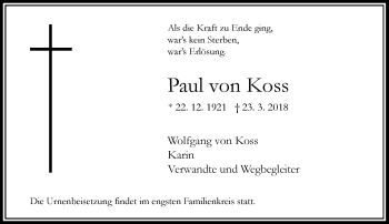 Traueranzeige von Paul von Koss von Rheinische Post