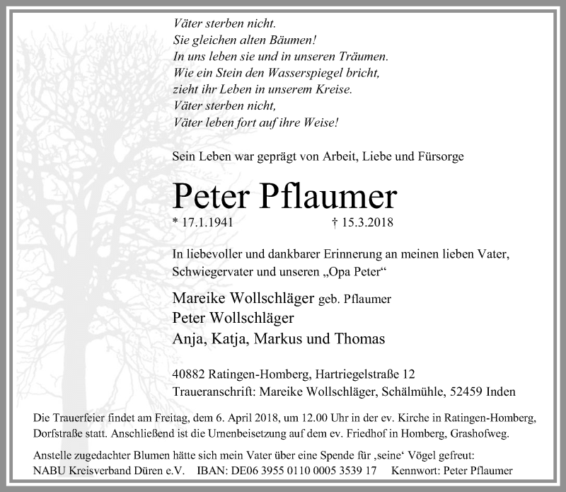  Traueranzeige für Peter Pflaumer vom 31.03.2018 aus Rheinische Post