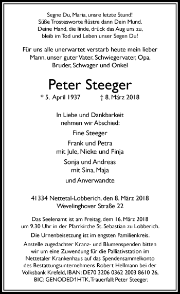 Traueranzeige von Peter Steeger von Rheinische Post