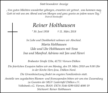 Traueranzeige von Reiner Holthausen von Rheinische Post
