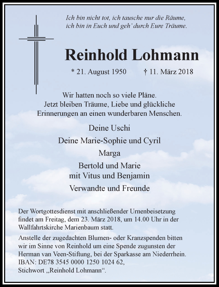  Traueranzeige für Reinhold Lohmann vom 17.03.2018 aus Rheinische Post