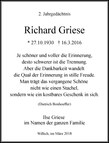 Traueranzeige von Richard Griese von Rheinische Post