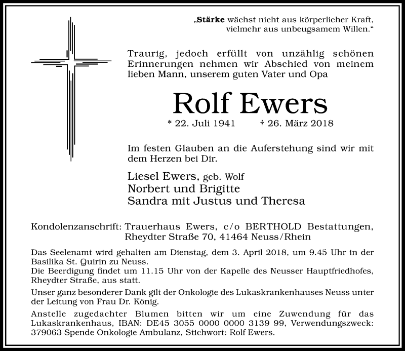  Traueranzeige für Rolf Ewers vom 28.03.2018 aus Rheinische Post