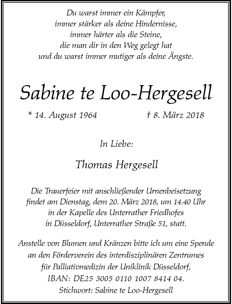  Traueranzeige für Sabine te Loo-Hergesell vom 17.03.2018 aus Rheinische Post