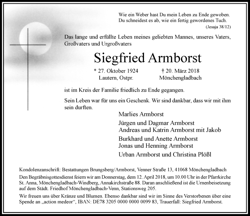 Traueranzeige für Siegfried Armborst vom 31.03.2018 aus Rheinische Post