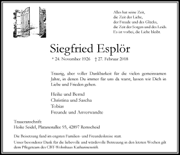 Traueranzeige von Siegfried Esplör von Rheinische Post