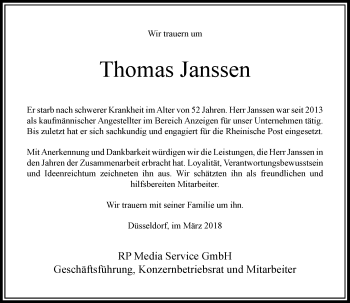 Traueranzeige von Thomas Janssen von Rheinische Post