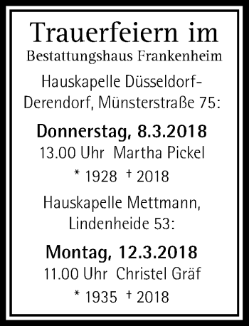 Traueranzeige von Totentafel vom 08.03.2018 von Rheinische Post