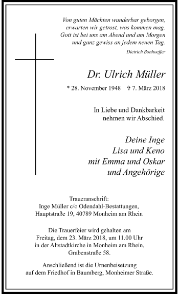 Traueranzeige von Ulrich Müller von Rheinische Post