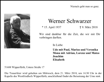 Traueranzeige von Werner Schwarzer von Rheinische Post