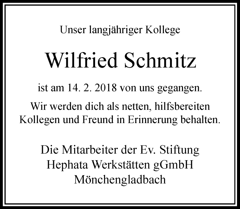  Traueranzeige für Wilfried Schmitz vom 10.03.2018 aus Rheinische Post