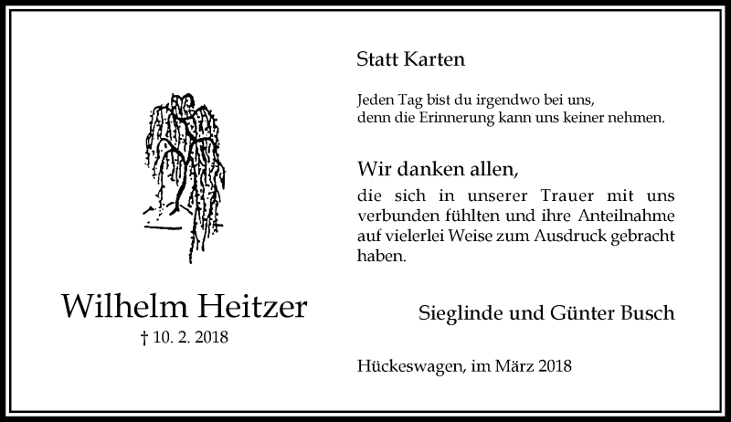  Traueranzeige für Wilhelm Heitzer vom 17.03.2018 aus Rheinische Post