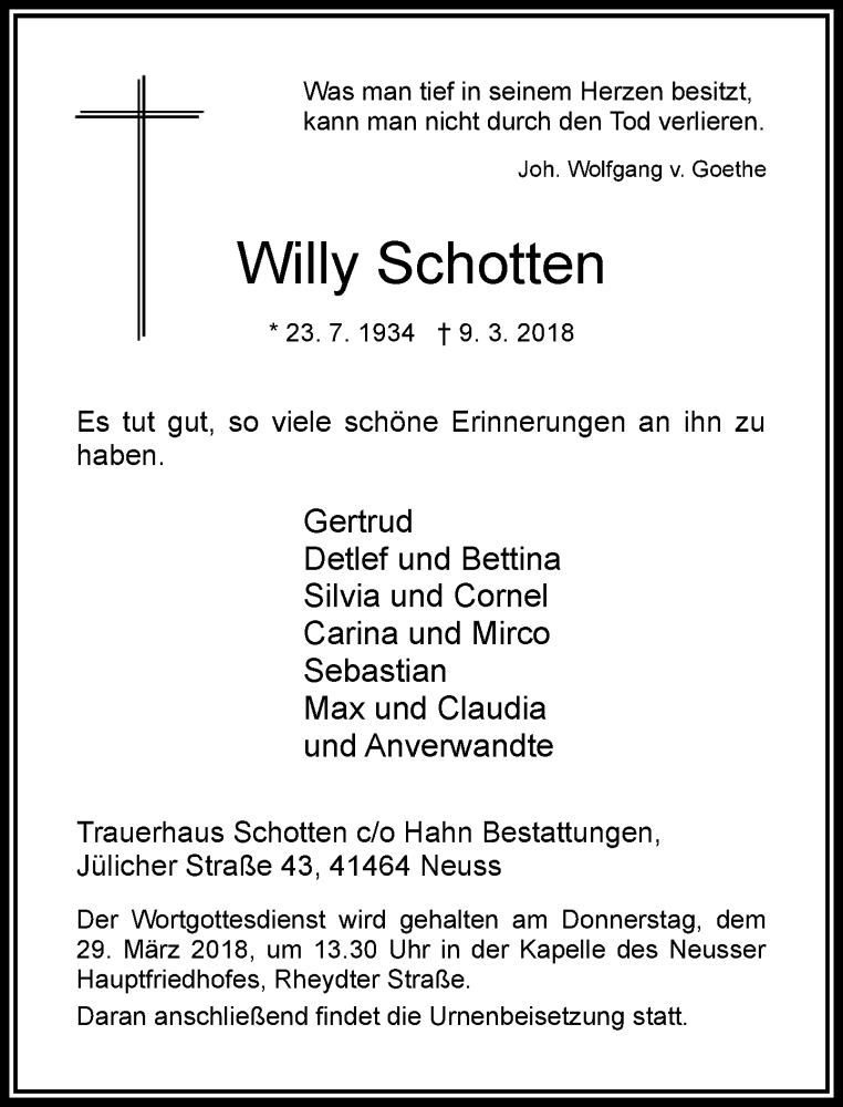  Traueranzeige für Willy Schotten vom 24.03.2018 aus Rheinische Post