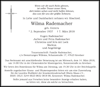 Traueranzeige von Wilma Rademacher von Rheinische Post