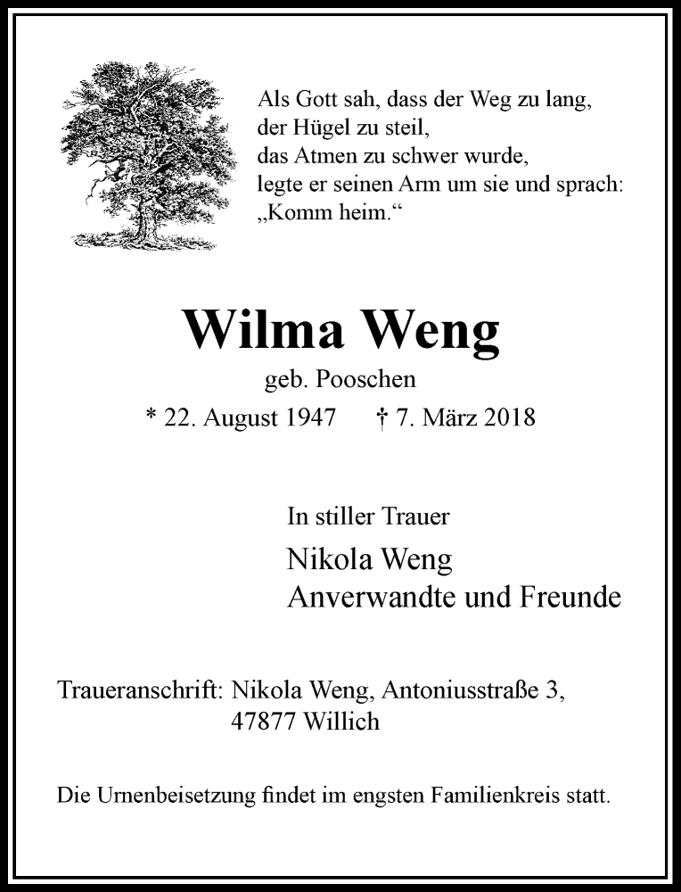  Traueranzeige für Wilma Weng vom 14.03.2018 aus Rheinische Post