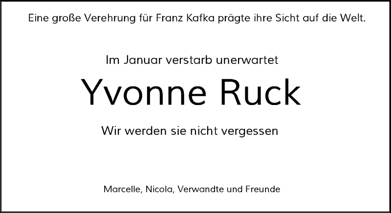  Traueranzeige für Yvonne Ruck vom 10.03.2018 aus Rheinische Post