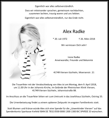 Traueranzeige von Alex Radke von Rheinische Post