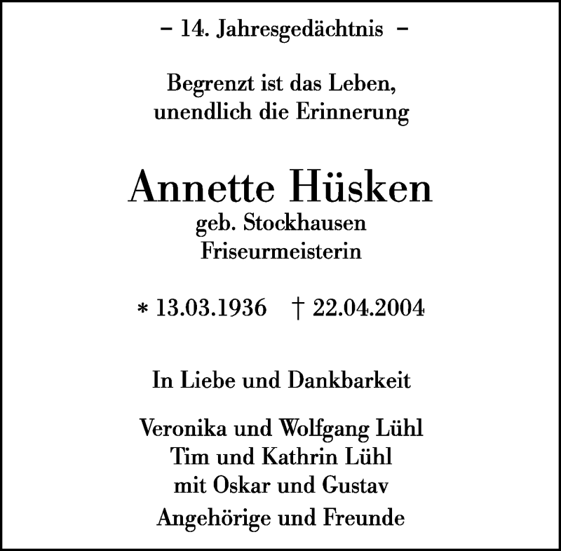  Traueranzeige für Annette Hüsken vom 21.04.2018 aus Rheinische Post