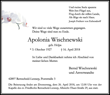 Traueranzeige von Apolonia Wischnewski von Rheinische Post