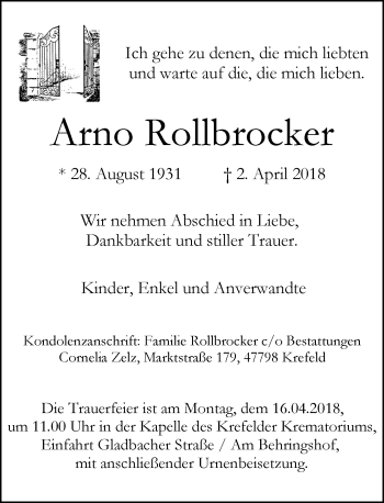 Traueranzeige von Arno Rollbrocker von Rheinische Post