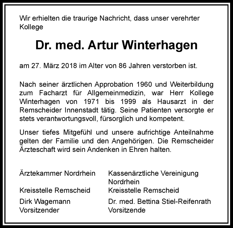  Traueranzeige für Artur Winterhagen vom 14.04.2018 aus Rheinische Post