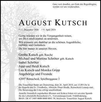 Traueranzeige von August Kutsch von Rheinische Post
