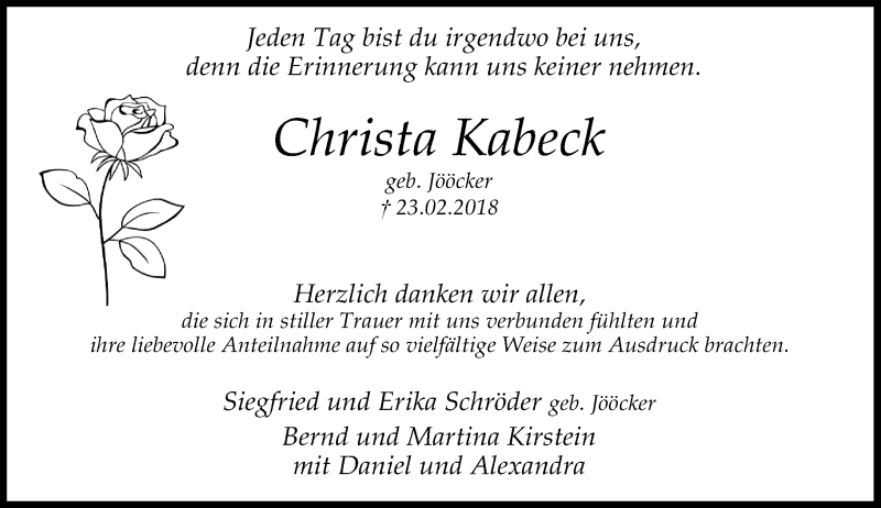  Traueranzeige für Christa Kabeck vom 17.04.2018 aus Rheinische Post