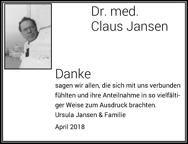  Traueranzeige für Claus Jansen vom 07.04.2018 aus Rheinische Post
