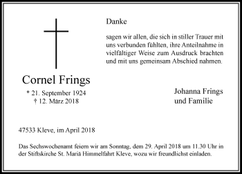 Traueranzeige von Cornel Frings von Rheinische Post