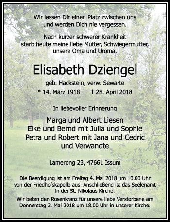 Traueranzeige von Elisabeth Dziengel von Rheinische Post
