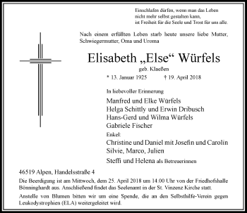 Traueranzeige von Elisabeth Else Würfels von Rheinische Post