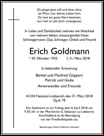 Traueranzeige von Erich Goldmann von Rheinische Post