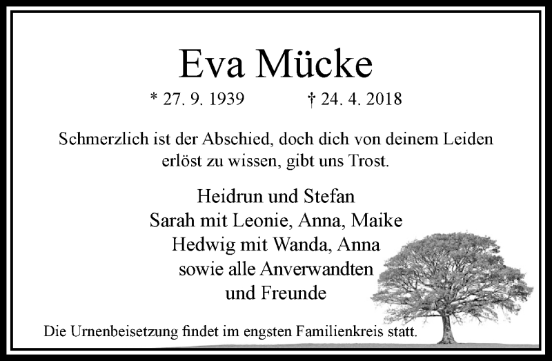 Traueranzeige für Eva Mücke vom 28.04.2018 aus Rheinische Post