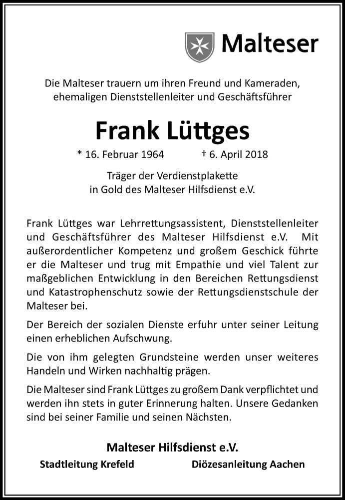 Traueranzeige für Frank Lüttges vom 14.04.2018 aus Rheinische Post