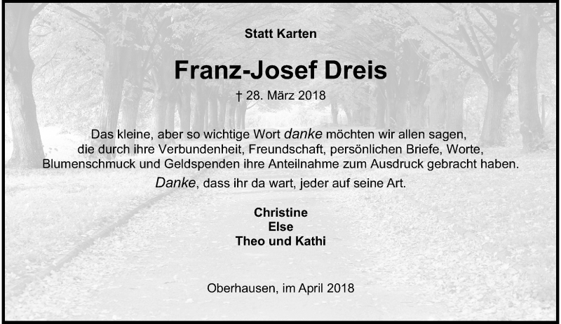  Traueranzeige für Franz-Josef Dreis vom 28.04.2018 aus Rheinische Post