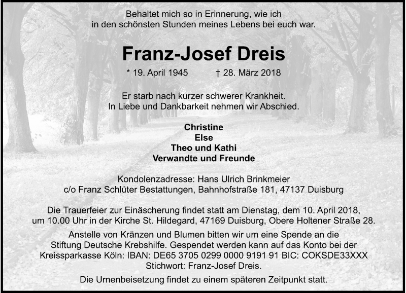  Traueranzeige für Franz-Josef Dreis vom 07.04.2018 aus Rheinische Post