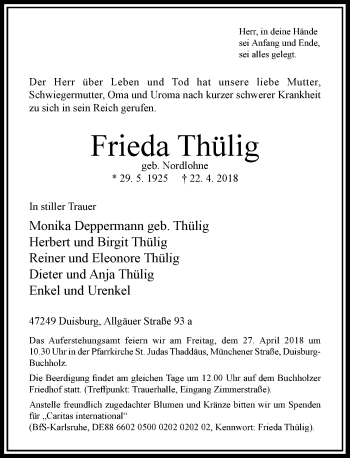 Traueranzeige von Frieda Thülig von Rheinische Post