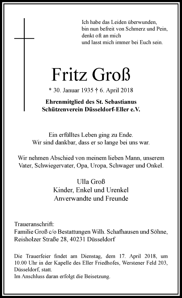  Traueranzeige für Fritz Groß vom 14.04.2018 aus Rheinische Post