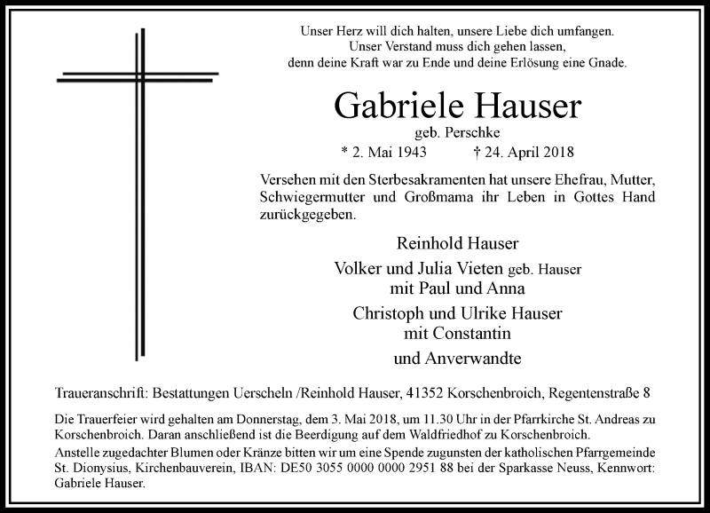 Alle Traueranzeigen Fur Gabriele Hauser Trauer Rp Online De