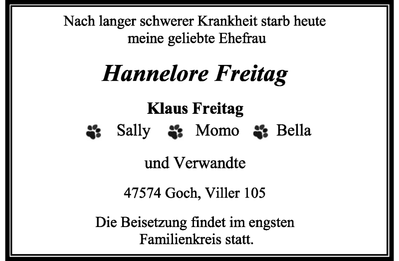  Traueranzeige für Hannelore Freitag vom 28.04.2018 aus Rheinische Post